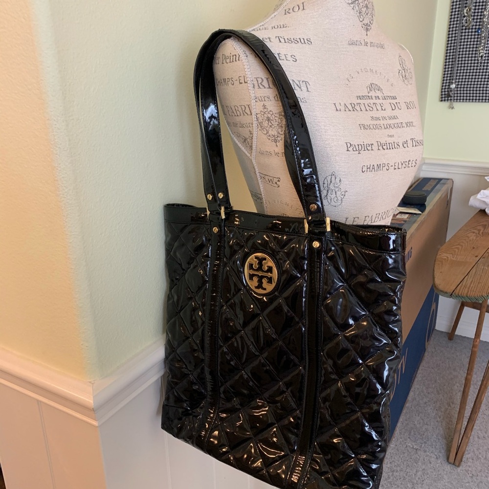 Tory Burch black patent leather tote bag